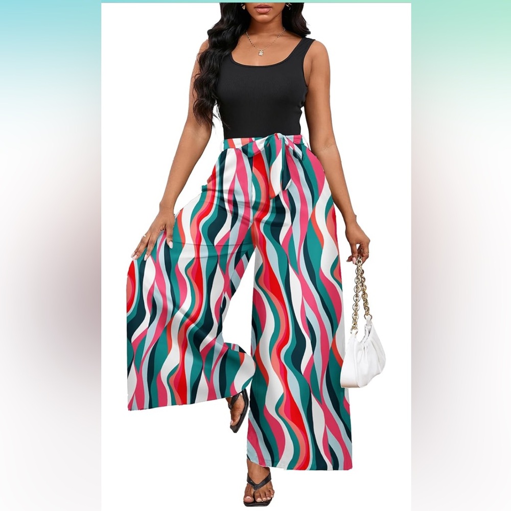 One Piece Summer Casual Jumpsuit, Sleeveless, Wide Leg Pants Sz S